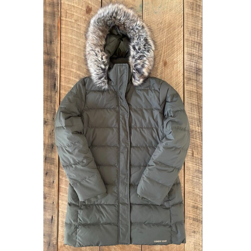 LANDS’ END Women’s Olive Green Down Blend Puffer Coat Removable Hood — Size XS P